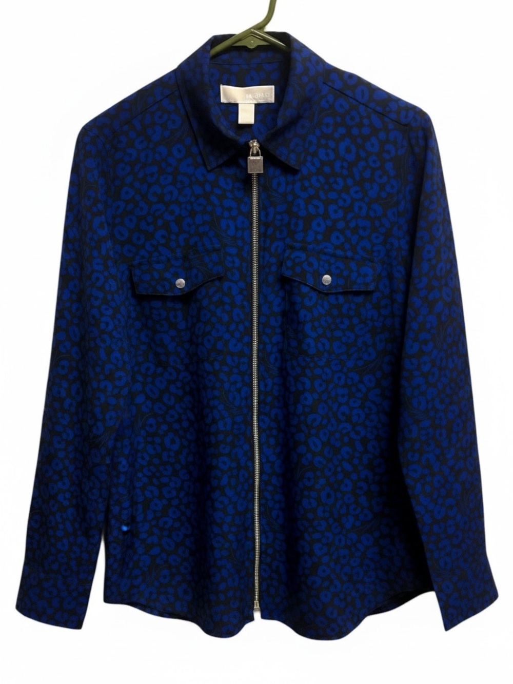 NWT Michael Kors Cheetah Print Zip Front Roll Tab Blouse Top Black Blue MED